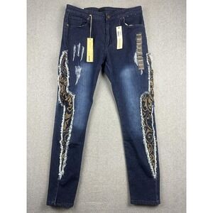 Reason Jeans Mens 36(34)x32 Blue Skinny Paisley Embroidered Denim NWT RE5-150
